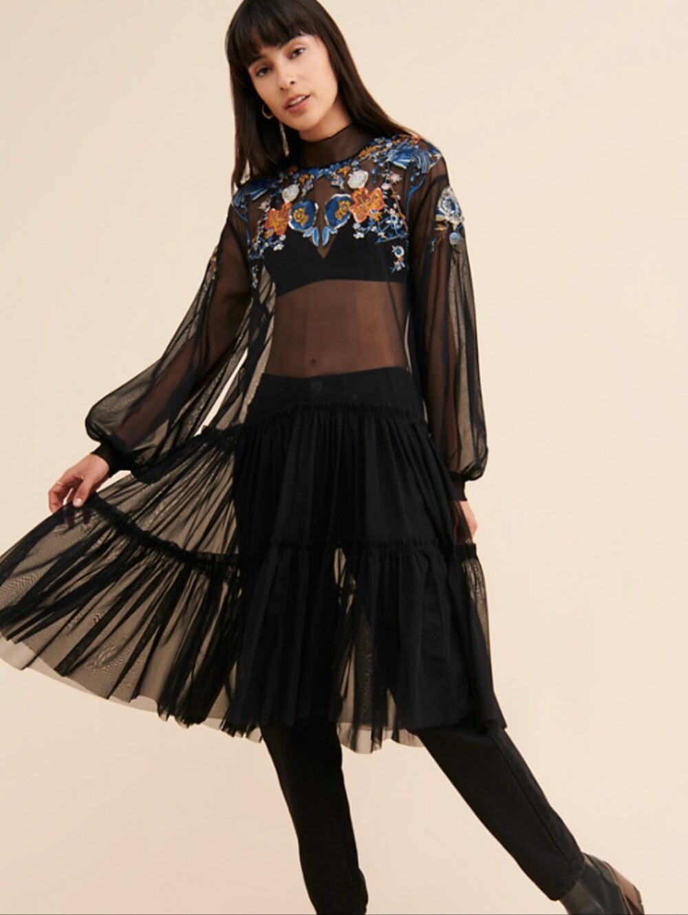Free People | Sheer Delight Mesh Sequins Maxi Top Dress Medium Floral Black